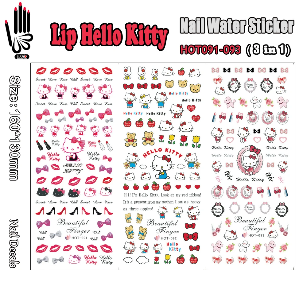 3 листа/партия для HOT091-093 ногтей и губ hello kitty, наклейки для ногтей, водные наклейки для украшения ногтей(3 вида конструкций в 1