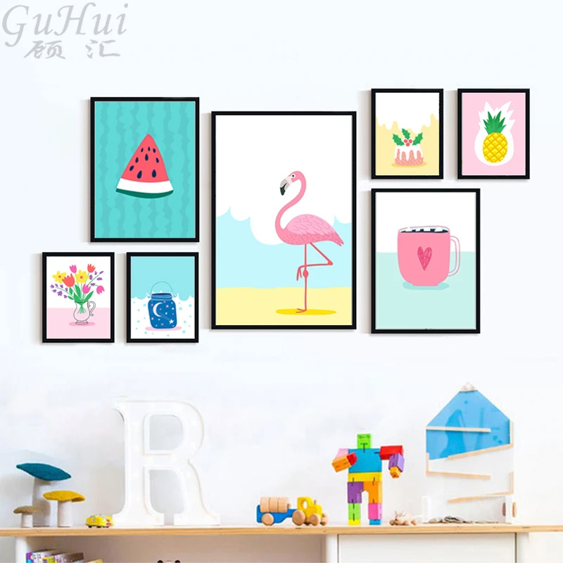 Картина Макарон конфетных цветов мультяшный фламинго ананас арбуз холст