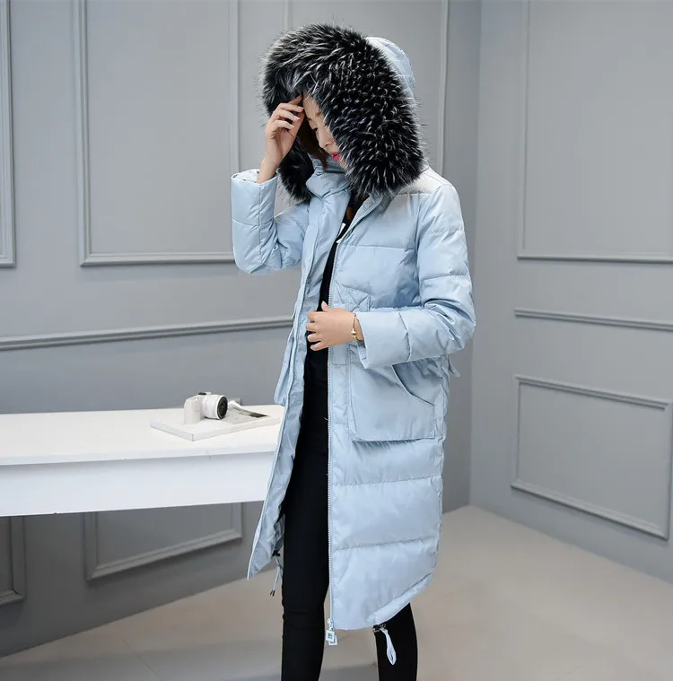 blue real fur collar Женская зимняя парка дамское длинное пуховое пальто куртки толстовки с воротником из меха енота размера плюс Топы S-5XL 6XL тонкое теплое пальто - Цвет: blue real fur collar