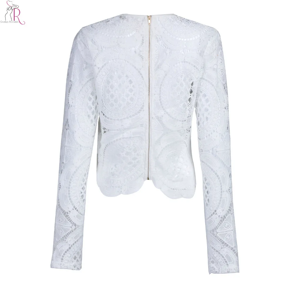 Белая кружевная вязаная блузка с цветочным рисунком укороченный Топ длинным