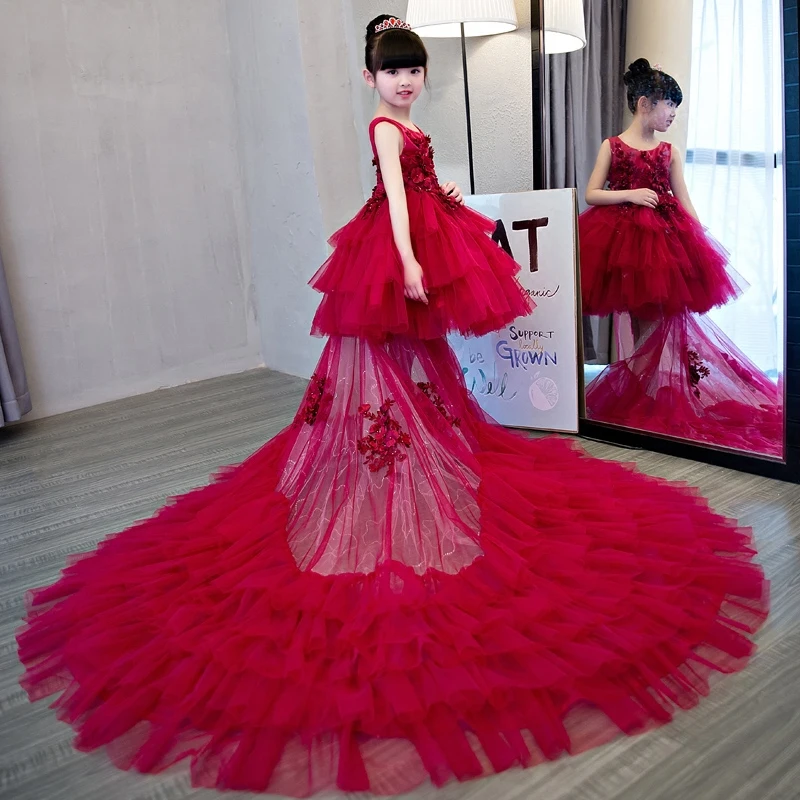 2018 New Luxury Red Flower Girl Dress With Tail For Wedding Kids Pageant First Holy Communion Dresses Party D48 | Детская одежда и