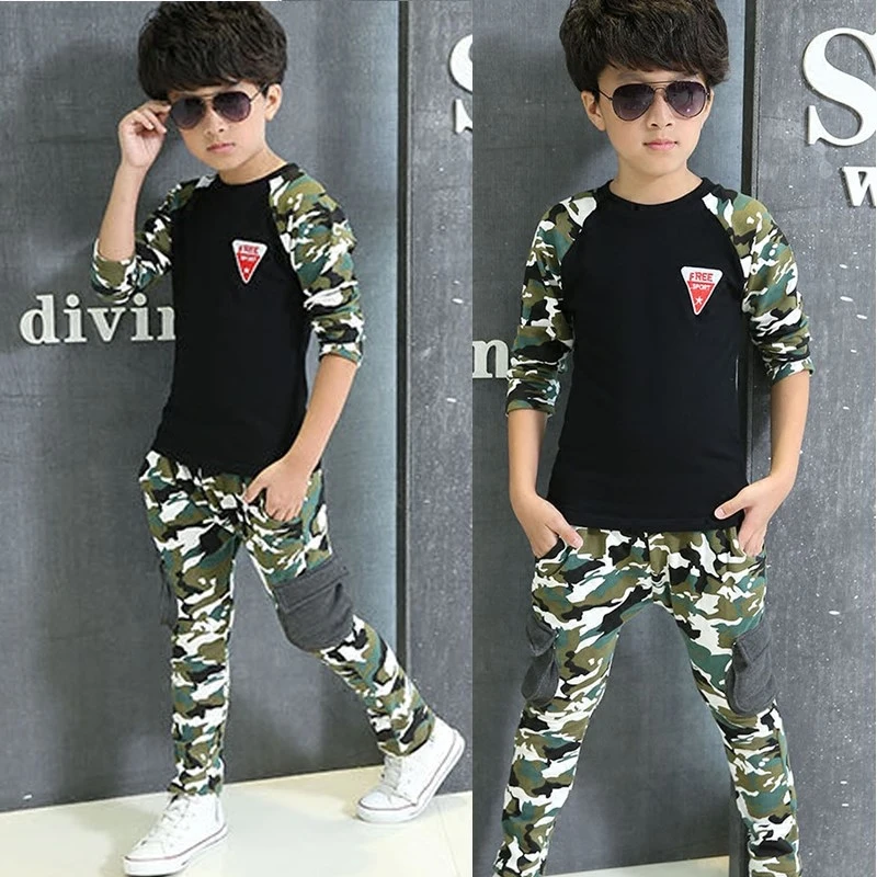 2018 Spring Fall Boys Fashion Camouflage Clothing 2Pcs Children Long-Sleeve Spliced Sport Suit Kid Military Uniform Twinset G300 | Детская