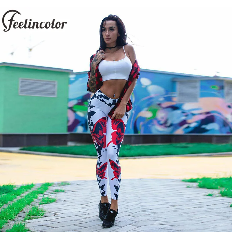 Feelincolor красная бабочка леггинсы Для женщин сердце Форма 3D Печатный тренировки