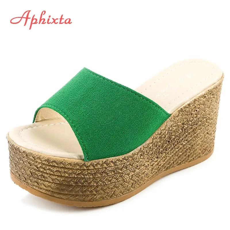Aphixta/шлепанцы на каблуке 9 см; женская обувь; женские шлепанцы; Вьетнамки; обувь на платформе; женские пляжные шлепанцы; zapatos mujer - Цвет: Green04