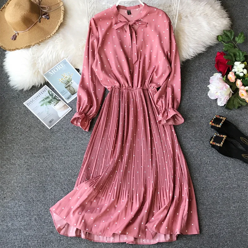 2019 New Spring Autumn Polka Dot Print Chiffon Dress Ruffles Retro Women Long Sleeve Pleated Casual long Vestidos cc451 | Женская одежда