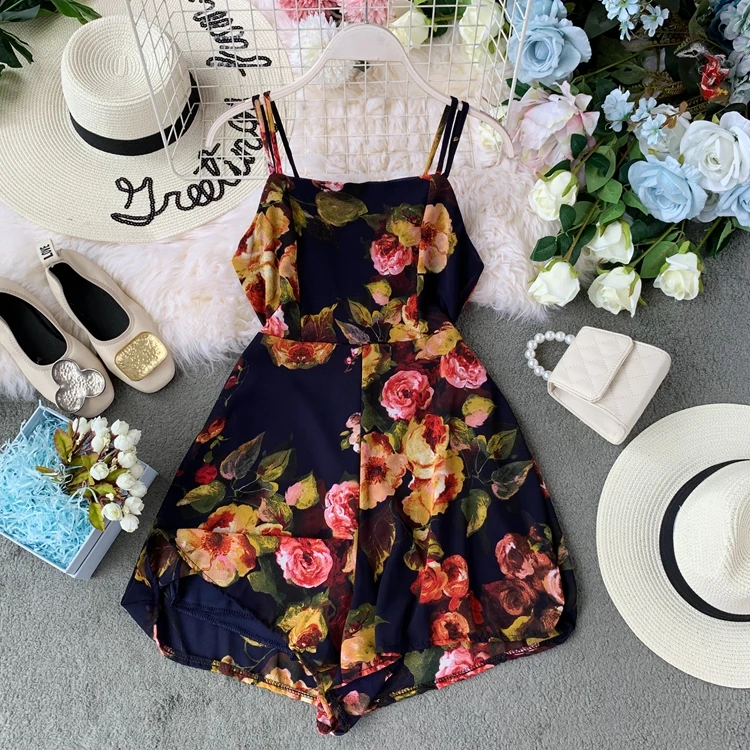 Новинка 2019 модные женские комбинезоны летние Ретро стиль цветочный принт на