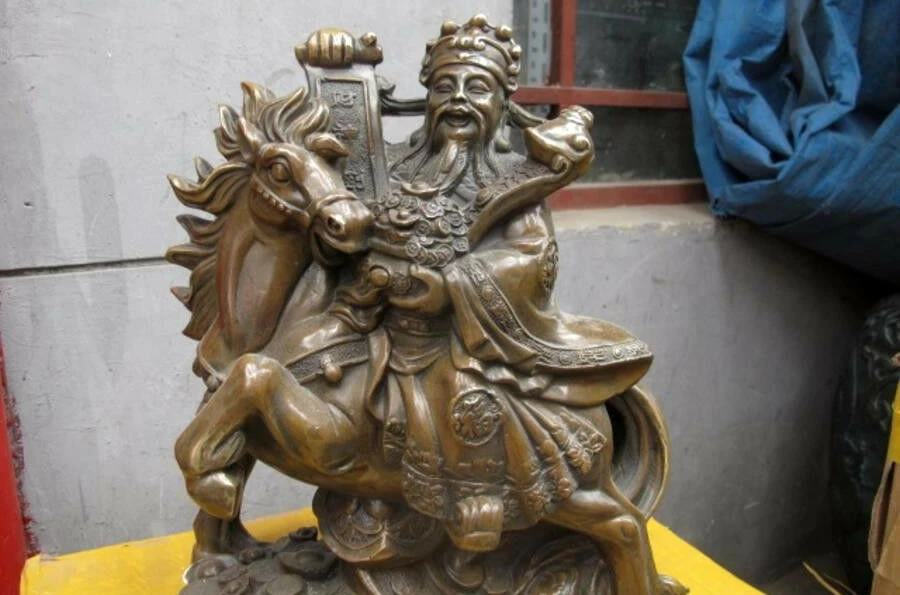 China Fengshui old Bronze treasure bowl Wealth God On Horse Mammon Buddha statue | Дом и сад