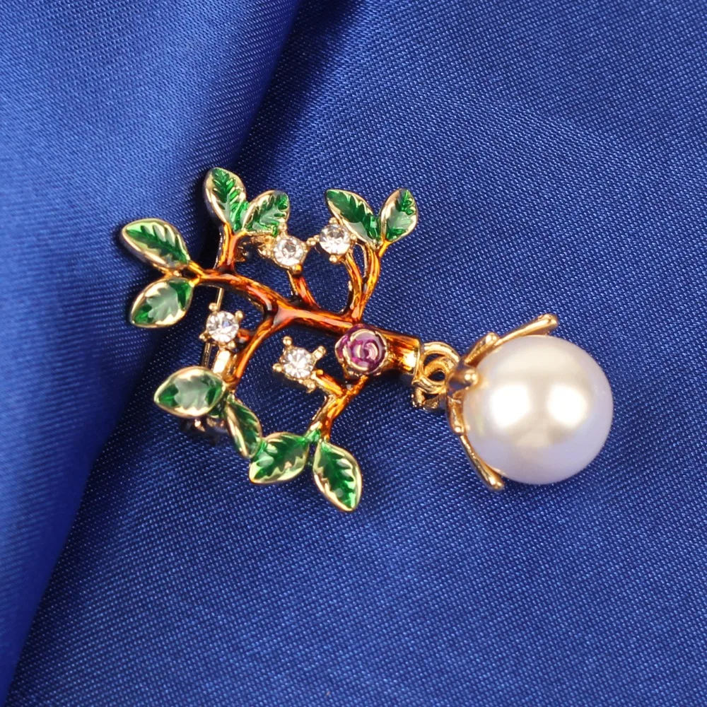WEVENI Enamel Alloy Tree Leaf Rose Brooches Rhinestone Pearl Scarf Clothes Decoration Pin For Women Lady Girls Novelty Jewelry | Украшения