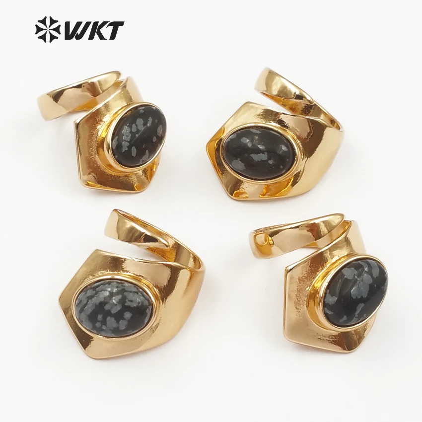 

WT-R307 Natural Oval Shape Snow Flake Stone Ring With Gold Electroplated Special Design Women Jewelry Ring Can Adjust