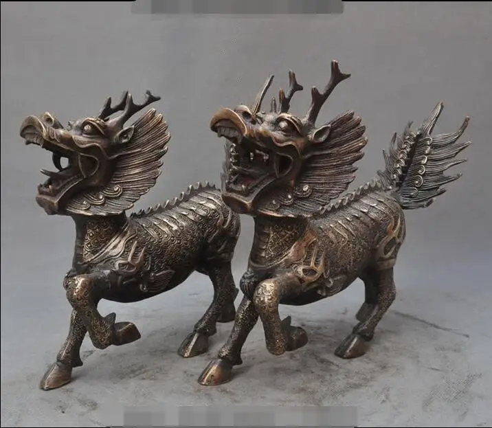 Старый Китайский Фэншуй Бронзовый злой духи зверь Кирин Килин статуя единорога