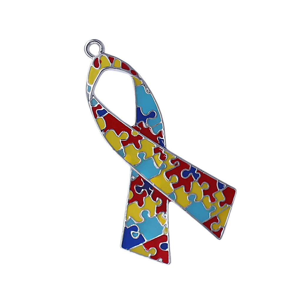 Fashion large size enamel metal autism puzzle ribbon charm for breast cancer autistic jewelry DIY pendant | Украшения и