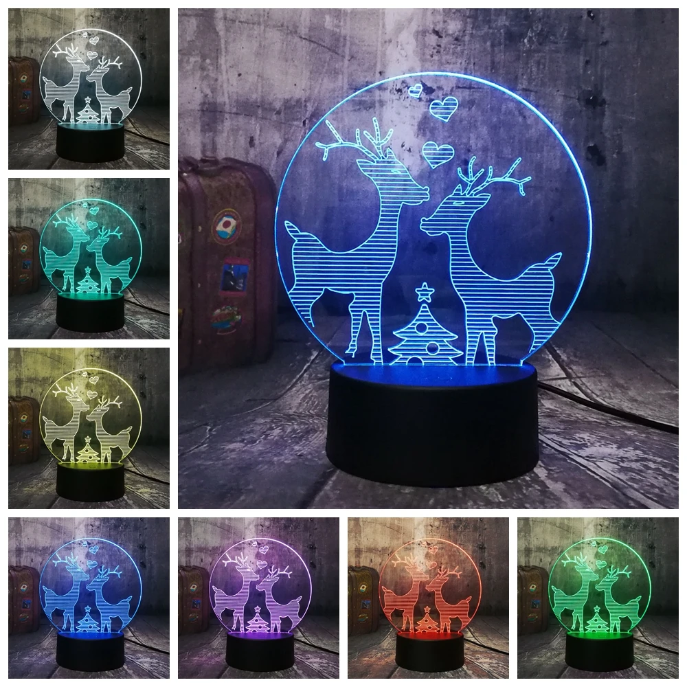 Новинка милый два дорогой Wapiti Moose лось Счастливого Рождества RGB 3D ночник