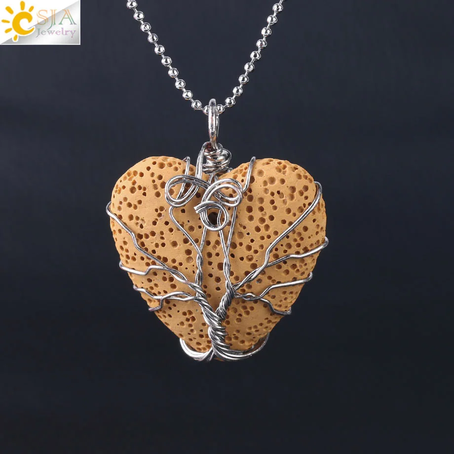 Yellow Chain CSJA, натуральное ожерелье из вулканического камня, вулканическая скала, форма сердца, проволока, обернутое древо жизни, кулон, ожерелье, подарок на день Святого Валентина, F471 - Окраска металла: Yellow Chain