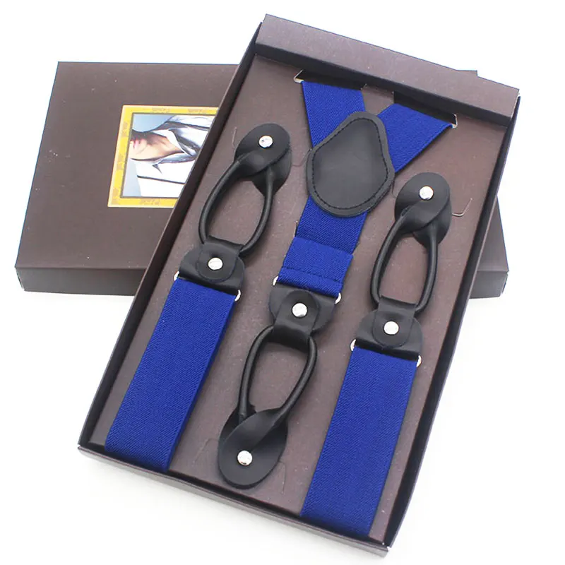 ARMY BLUE Мужские подтяжки из натуральной кожи, 6 пуговиц, ремешок, Модный Эластичный регулируемый смокинг, y-образная спинка, подтяжки, 3,5*120 см, с подарочной коробкой - Цвет: ARMY BLUE