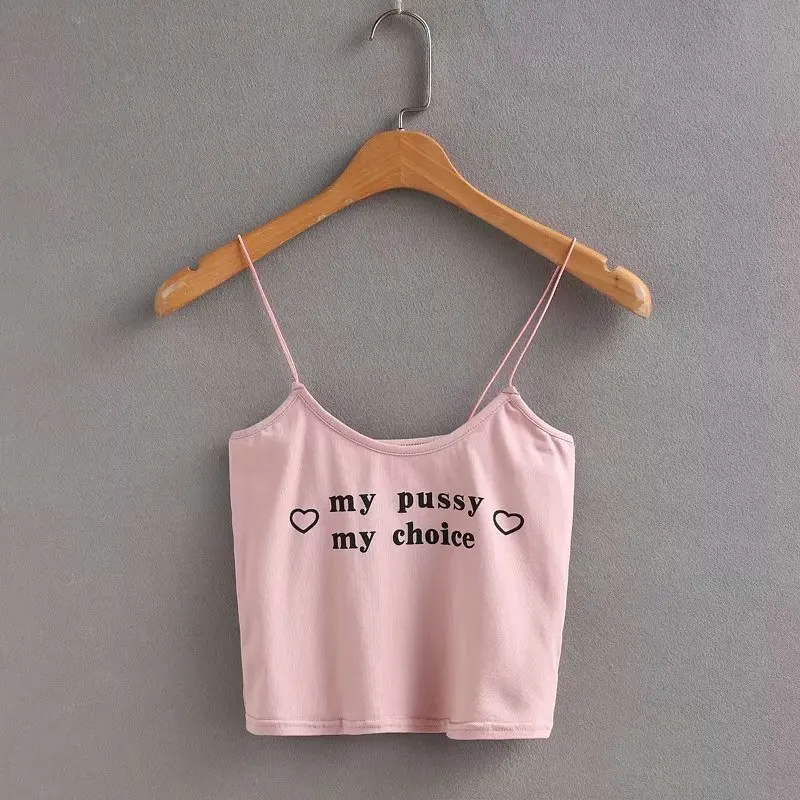 pink Укороченный топ с буквенным принтом для женщин Harajuku короткая женская Обтягивающая майка без рукавов Летние однотонные повседневные топы на бретелях Feminino Camisole - Цвет: pink