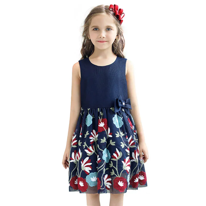 

New 2018 Flowers Embroidered Lace Kids Bow Dresses For 2-8Yrs Princess Dresses New Summer Sleeveless Elegant Children Clothing