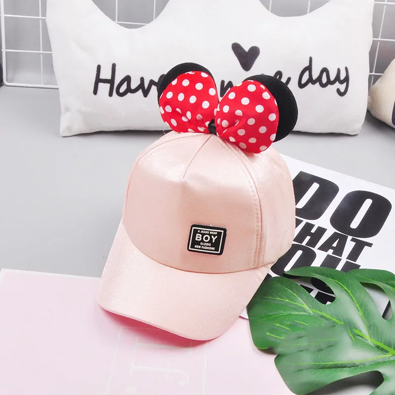pink bow Милая Детская кепка с рисунком из мультфильма, бейсболка в горошек с большим бантом и заячьими ушками для девочек, летние яркие шелковые шапочки, детская бейсболка с козырьком, кепка, Casquette - Цвет: pink bow