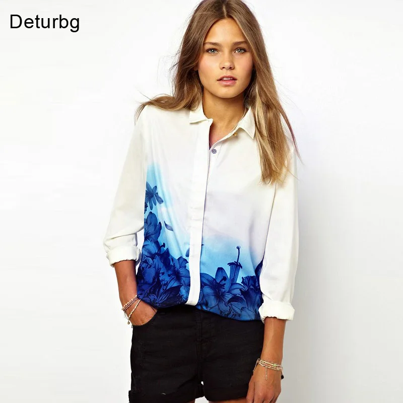

New Fashion Women Elegant Long Sleeve Shirts Tops Blue Floral Gradient Print Chiffon Casual White Blouse blusas S-XL 2018 Spring