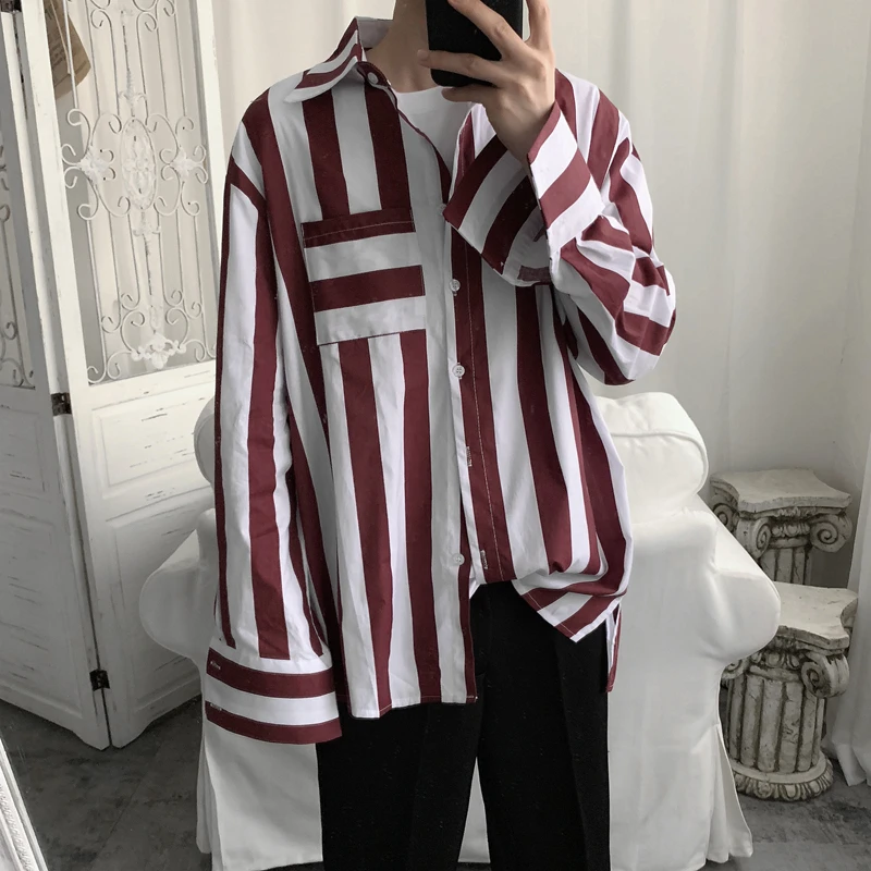 

S-XL! Spring new Hong Kong vintage striped shirt men's Korean version of the long sleeve trend loose shirt