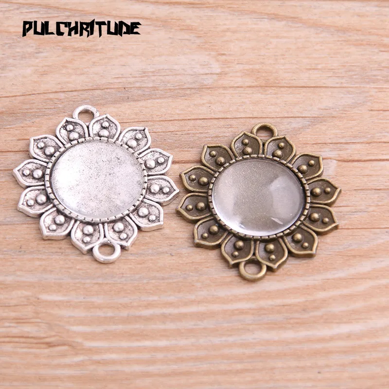 

4pcs/lot 18mm Inner Size Two Color Fame Style Lotus Flower Cabochon Connector + Glass Base Setting Charms Pendant