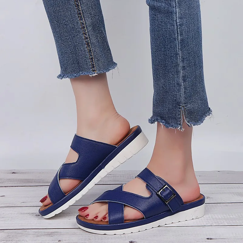 Rimocy flat heels slippers women summer casual beach solid leather platform slides plus size 35-43 european sandalias mujer 2019 | Обувь