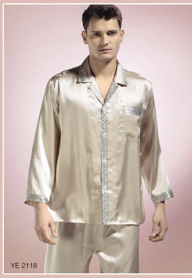 100% Мужские пижамные комплекты из чистого шелка одежда для отдыха сплошной размер