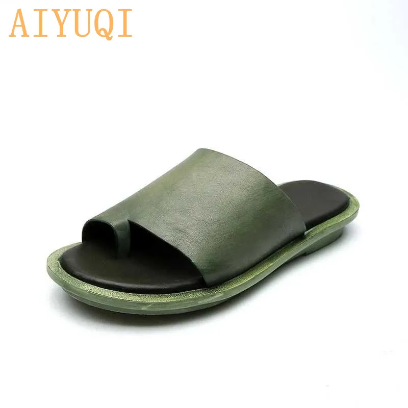 green AIYUQI; женские Вьетнамки; Новинка года; летние шлепанцы из натуральной кожи; женская повседневная обувь на плоской подошве с открытым носком; женская летняя обувь - Цвет: green