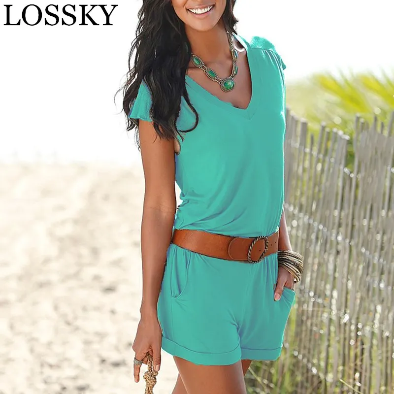 

LOSSKY Casual Sleeveless Summer Beach Jumpsuit Women Solid V Neck Pocket Basic Romper Short Jumpsuits Sexy Playsuits Overall New