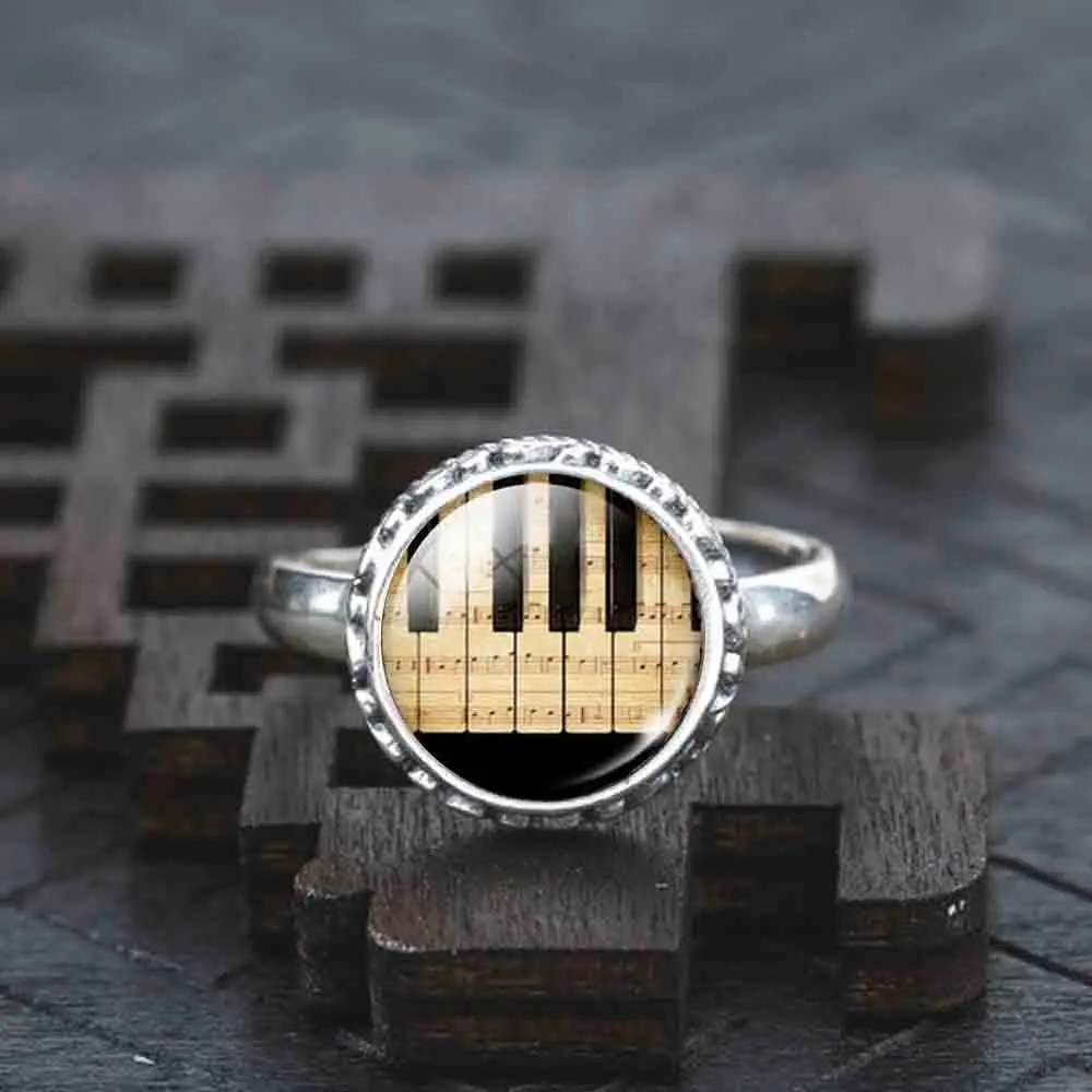 

2017 Piano Keyboard Picture Real Solid 925 Sterling Silver Ring Vintage Ring Summer Style Glass Cabochon Fine Jewelry