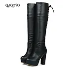Женские высокие сапоги на платформе, черные или коричневые сапоги до колена на высоком устойчивом каблуке, со шнуровкой, сезон весна-осень-зима