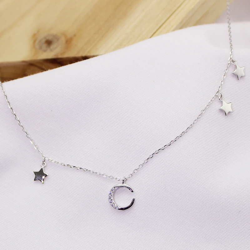

high quality 925 Sterling silver stars moon tassel cute short Necklaces & Pendants with chain Elegant Necklace Women Jewelry