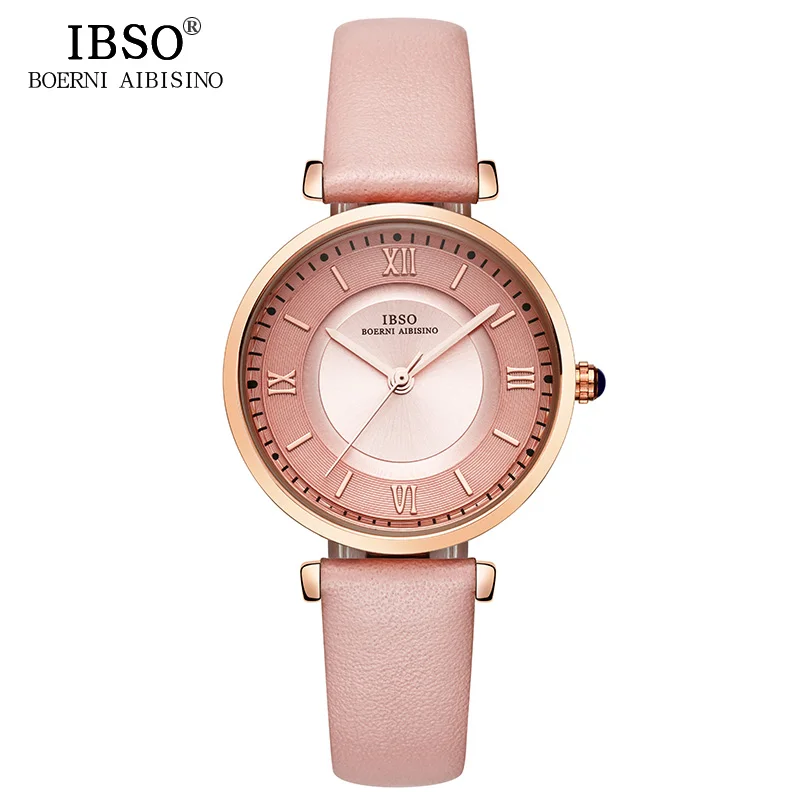 IBSO, бренд, женские часы,, зеленый ремешок из натуральной кожи, Reloj Mujer, Роскошные Кварцевые женские часы, женские часы - Цвет: Розовый