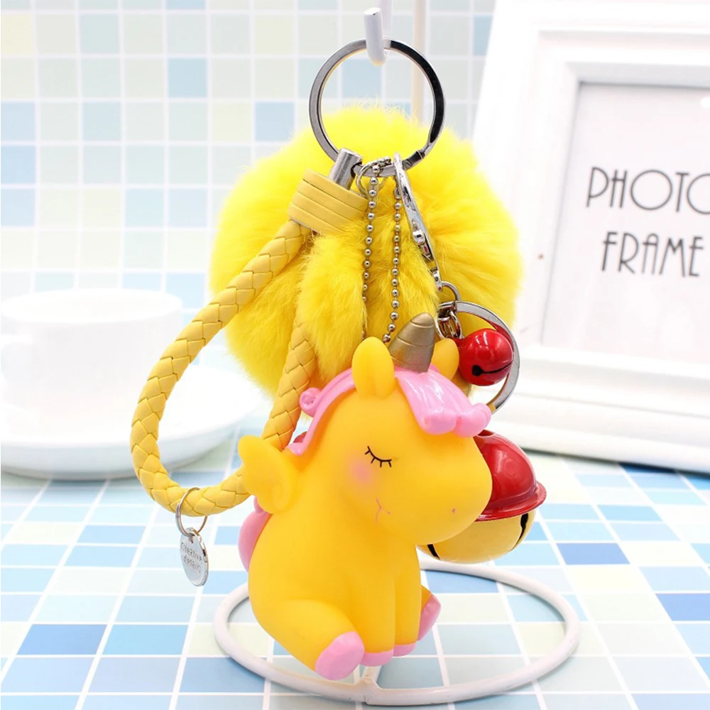 Kawaii Cartoon Unicorn Plush Keychain Fur Ball Pompons Key Ring Car Purse Bag Pendant Plush Toy