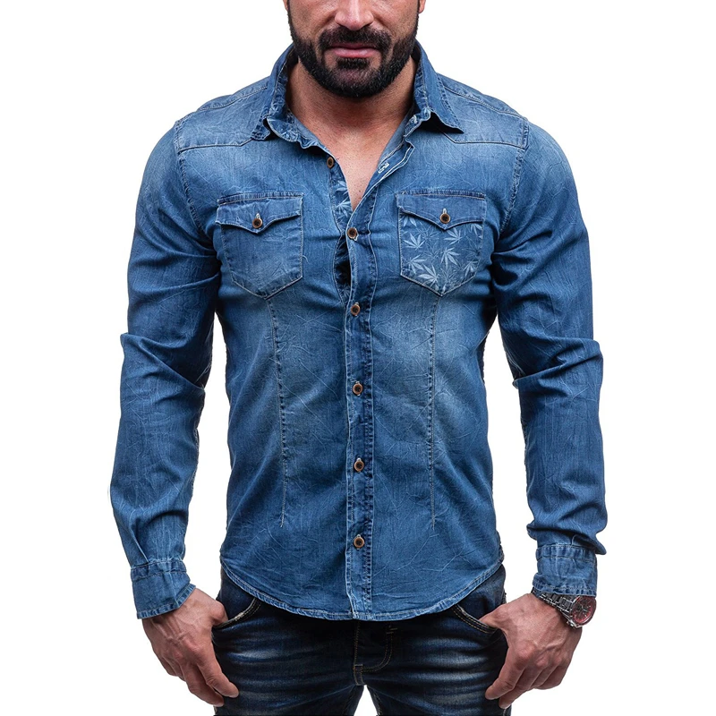 Мужская джинсовая рубашка повседневная Облегающая с длинным рукавом осень 2018