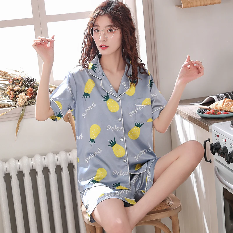 Sleep Lounge Button Pajama Set Sexy Satin Sleepwear Women Summer Pyjama Femme Fashion Fruit Pineapple Pajamas for | Женская одежда