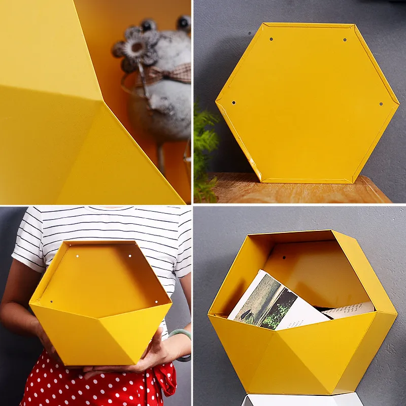 

Creativity Modern Personalized Geometry Multicolor Hanging Shelf Hexagon Living Wall Decor Sundry Storage Holders Iron Crafts