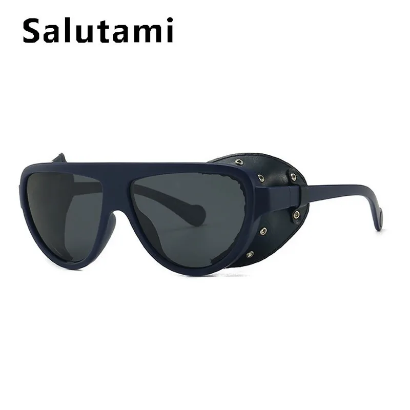 Steampunk Black Pu Leather Frame Polarized Sunglasses For Men Vintage Luxury Brand Round Punk Sun Glasses Women Chic Eyewear New - Цвет линз: blue gray
