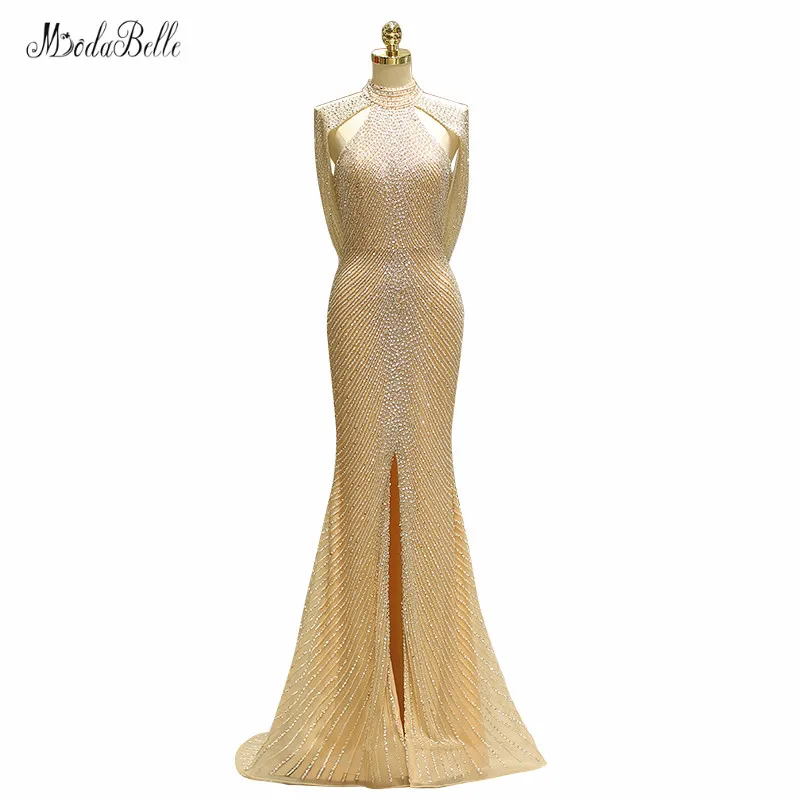 

modabelle Front Slit Champagne Evening Dresses Robe Longue Luxury Crystal Sexy Mermaid Prom Dresses High Neck Vestidos De Gala