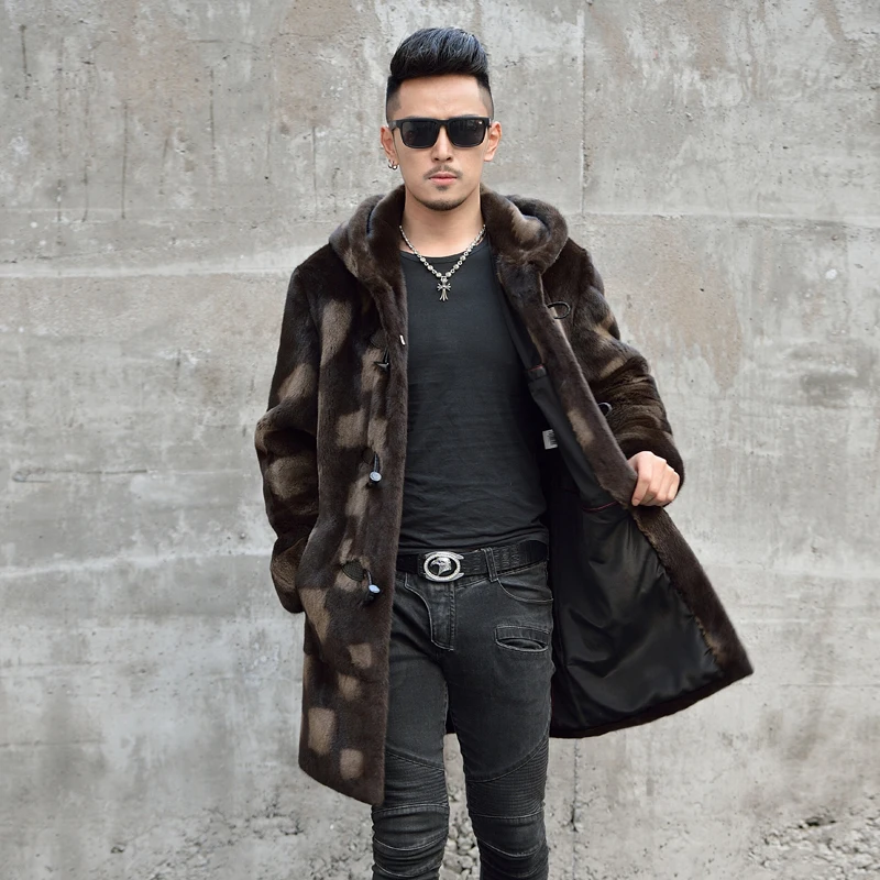 Мужская Вельветовая шуба Fang Tai черная из меха норки с капюшоном и принтом