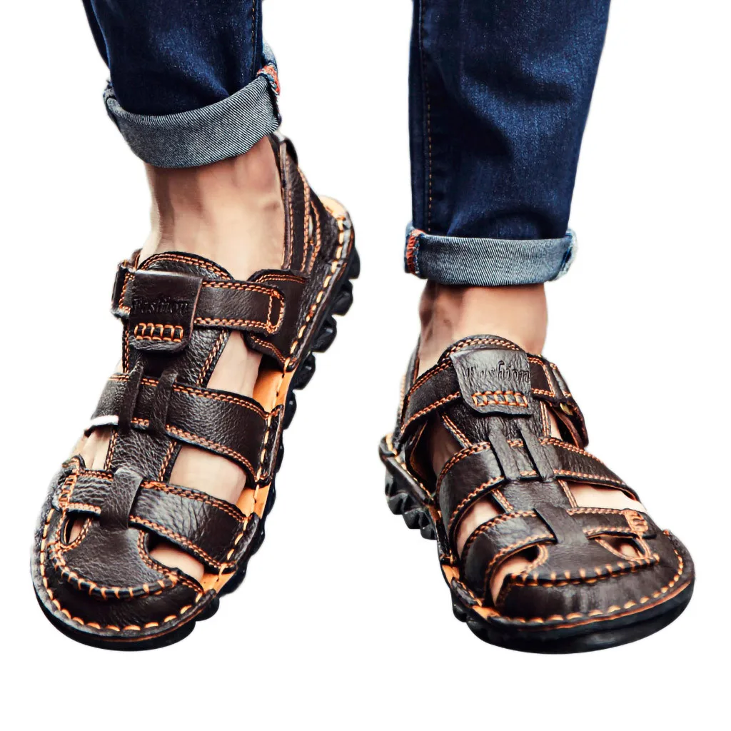 Summer Mens Leather Soft Comfortable Sandals Flats fashion Casual Sneakers Outdoor Beach Walking Non-Slip Bottom #G4 | Обувь