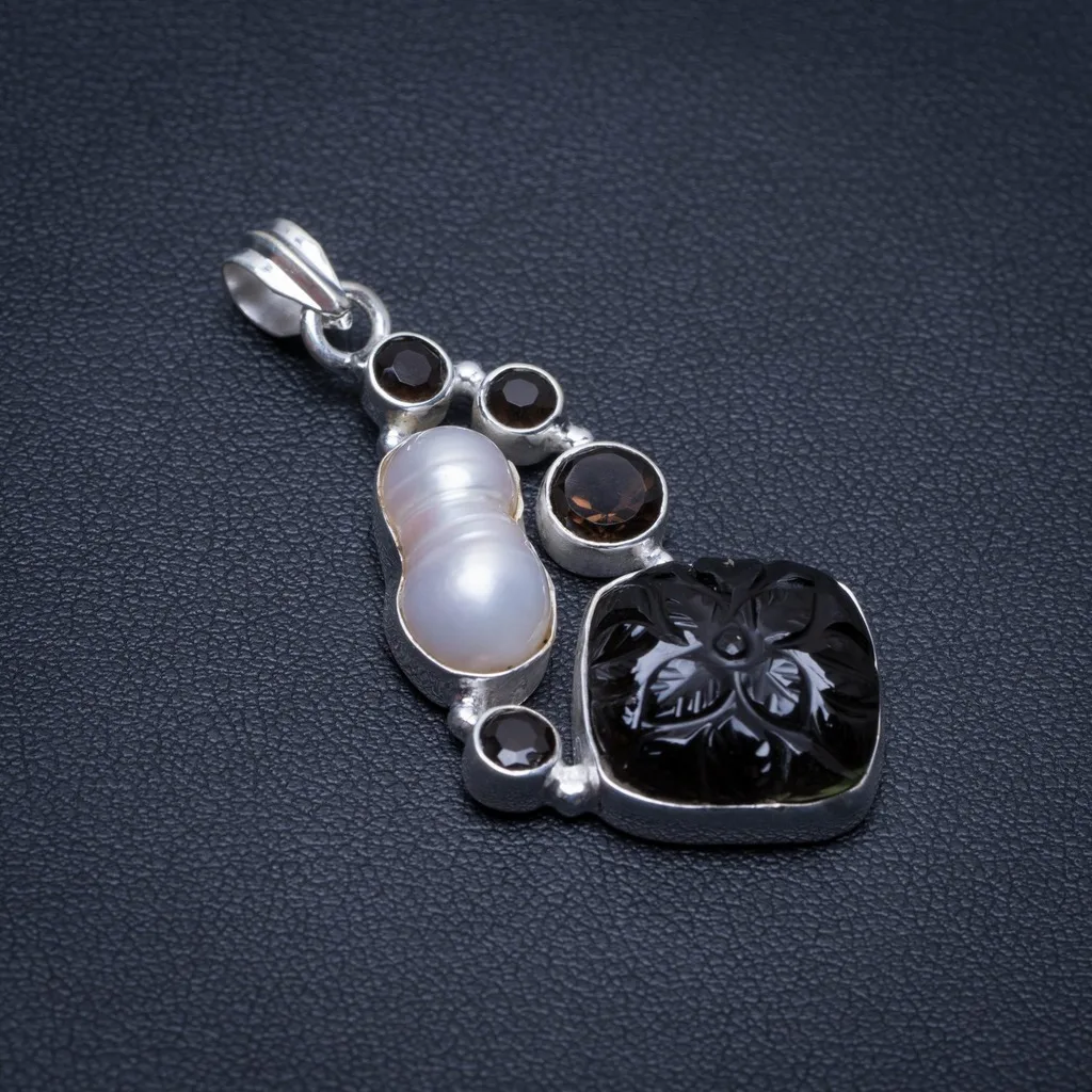 StarGems(tm) Natural Carved Flower Smoky Quartz and Biwa Pearl Vintage 925 Sterling Silver Pendant 2&quot | Украшения и