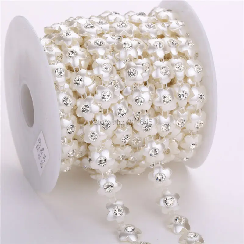 

10Yards 12mm pearl Flower shape with Clear Rhinestone Cup Chain,Bridal Dress Applique for Belt Sash Bags Shoes,beads chain