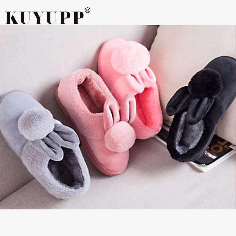 Shallow Slip On Women Indoor Slippers Soft Bottom Winter Rabbit Shoes Warm Casual Ladies Footwear With Fur Home Cotton KBT1086 | Обувь