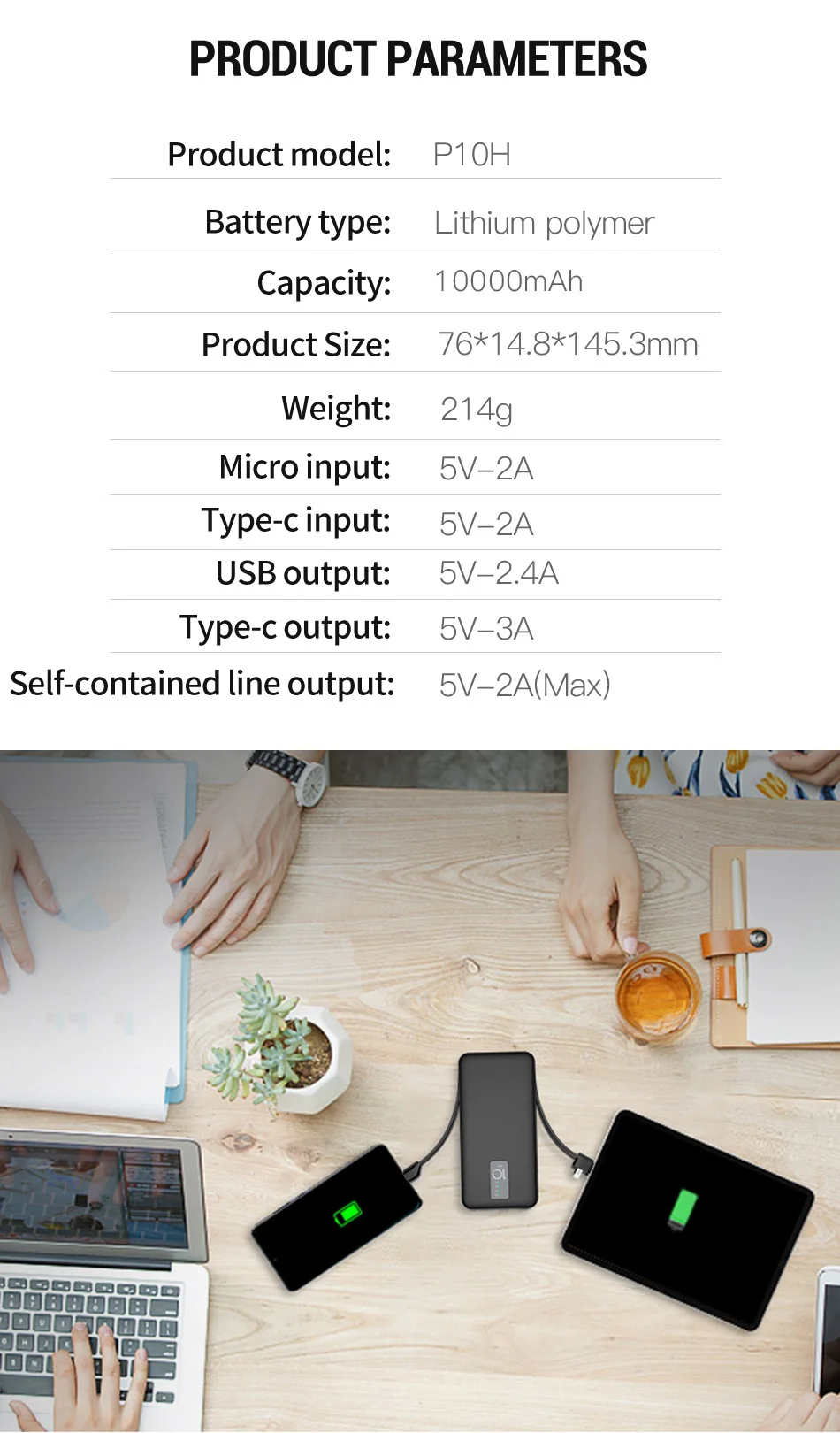 Cager 10000mAh power Bank 3A с кабелем внешняя батарея для iphone samsung usb type C вход с зарядным кабелем power bank