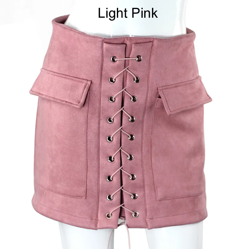 Light Pink Aonibeier женские весенние замшевые короткие юбки со шнуровкой с перекрестными завязками и высокой талией на молнии Сплит Bodycon сексуальные юбки два кармана маленького размера - Цвет: Light Pink