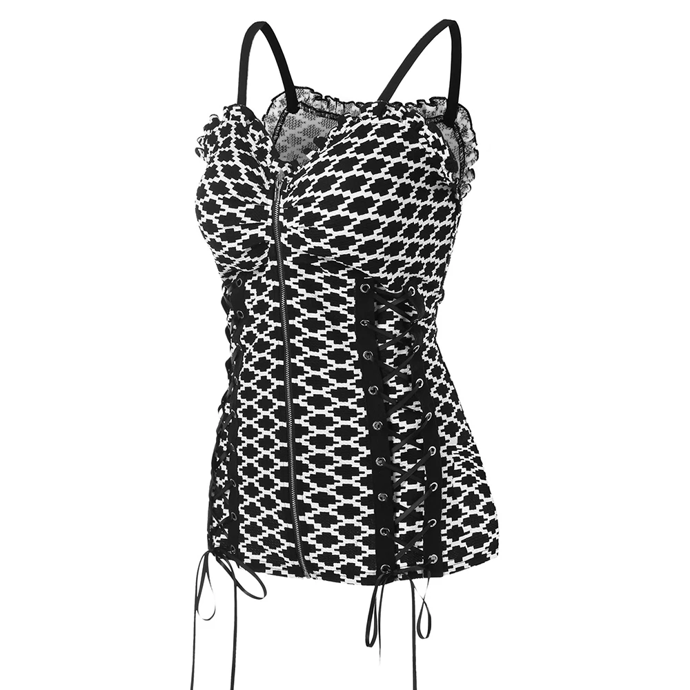 Sexy Argyle Lace Up Corset Tank Top Women Spaghetti Strap Sleeveless Camis Tops Female Plaid with Ribbons Zippers Shorts | Женская