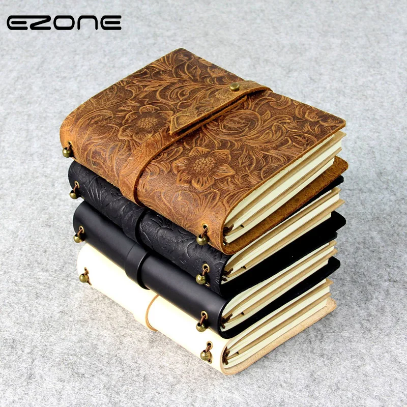 

EZONE Carved Flower Cowhide Notebook Genuine Leather Cover Note Book Traveler Journey Diary Vintage Notapad School Office Supply