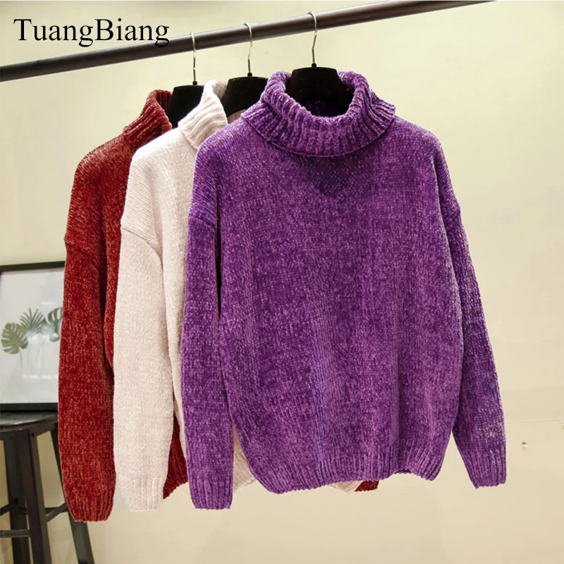 Chic Vintage Chenille Cashmere Womens Full sleeve Gold Velvet Sweaters Winter Ladies Solid Turtleneck Loose Female jumpers 2020 | Женская
