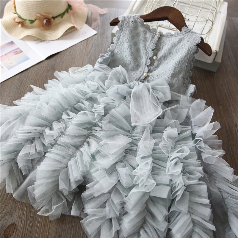 Summer Girls Dress Kids Vintage Gray Sleeveless Tulle Party Birthday 3 4 5 6 8 Years Children Clothing Girl | Детская одежда и