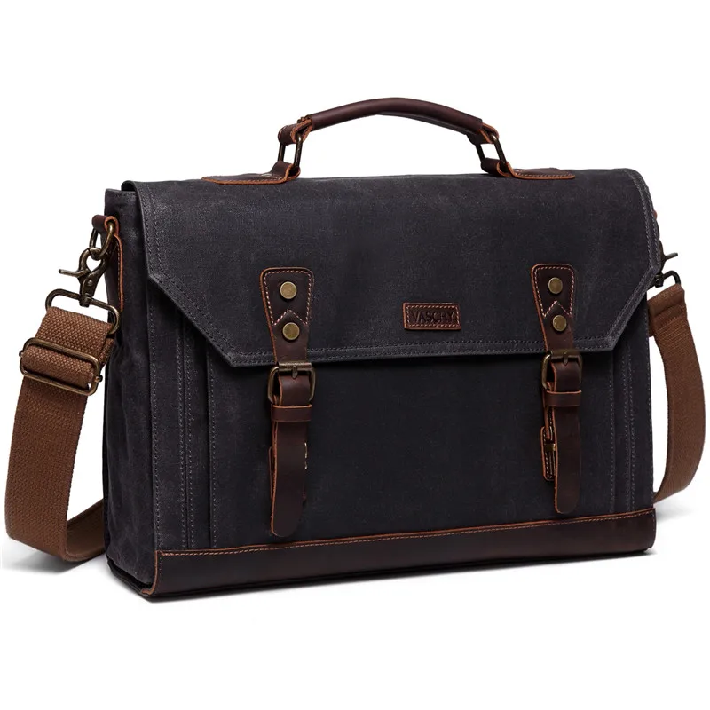 Fits 17 inch Laptop VASCHY Холст сумка для мужчин Классическая кожаная сумка для мужчин Вощеная парусина портфели для 17,3 дюймов ноутбук Офисные Сумки для мужчин - Цвет: Fits 17 inch Laptop